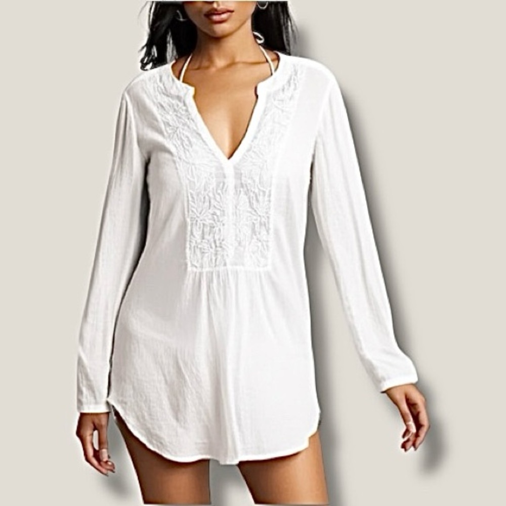 H&M LOGG Long Sleeve Embroidered Split Neck Mini Shirt Dress Coverup White 8 - Picture 9 of 9